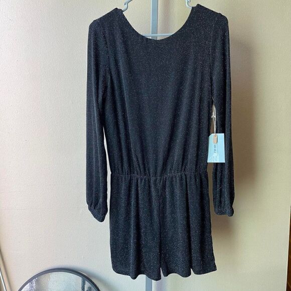 If By Sea Anthropologie Black and Silver Shimmer Open Back Romper Size Medium - Picture 1 of 2